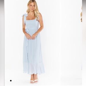 Mumu’s bridesmaid dress, sky/steel blue, size med